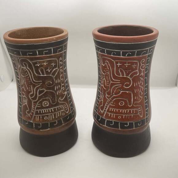 Pottery Vase With Mayan / Aztec Design Signed Armando De Mexico set of 2 - Picture 1 of 7